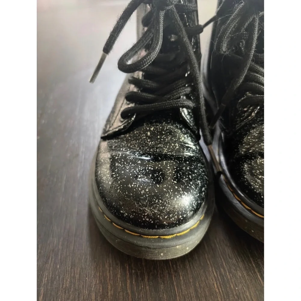 Dr. Martens Delaney Kids Black Glitter Lace Up Side Zip Combat Boots Size 11